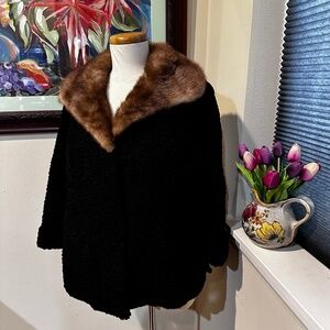 Real Persian Lamb Fur Coat - Black w/ Brown Mink Collar - c1960s - Sz Med.